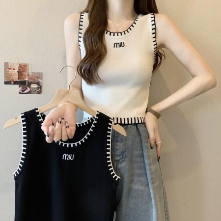 BY14551# 大码女装26春夏新款撞色明线针织背心微胖MM显瘦内搭外穿无袖上衣 服裝批發女裝批發服飾貨源