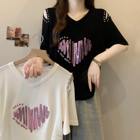 BY14552# 春夏大码女装设计感V领褶皱爱心T恤胖MM韩版宽松遮肉显瘦上衣 服裝批發女裝批發服飾貨源