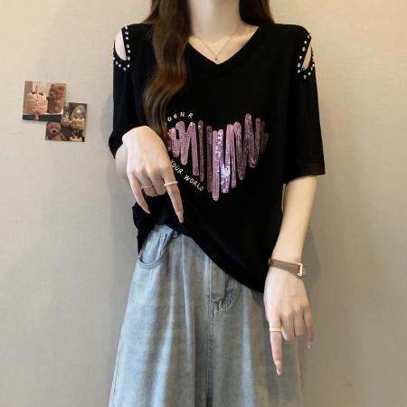 BY14552# 春夏大码女装设计感V领褶皱爱心T恤胖MM韩版宽松遮肉显瘦上衣 服裝批發女裝批發服飾貨源