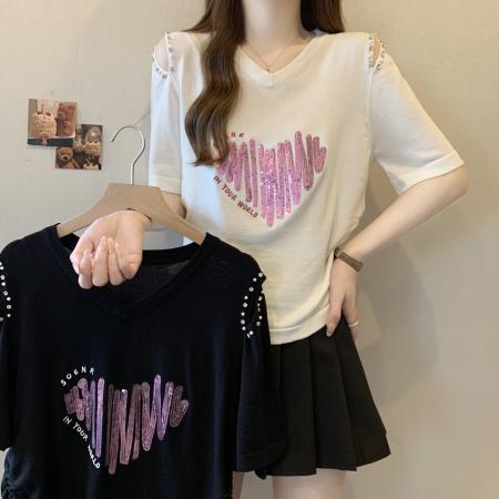 BY14552# 春夏大码女装设计感V领褶皱爱心T恤胖MM韩版宽松遮肉显瘦上衣 服裝批發女裝批發服飾貨源