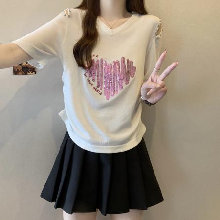 BY14552# 春夏大码女装设计感V领褶皱爱心T恤胖MM韩版宽松遮肉显瘦上衣 服裝批發女裝批發服飾貨源