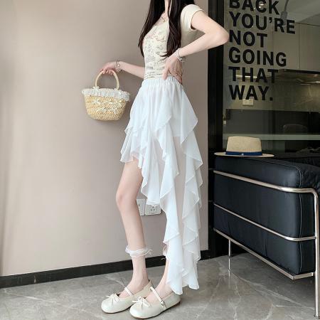 BY14554# 荷叶边不规则蓬蓬半身裙女夏季松紧高腰褶皱A字短裙潮 服裝批發女裝批發服飾貨源