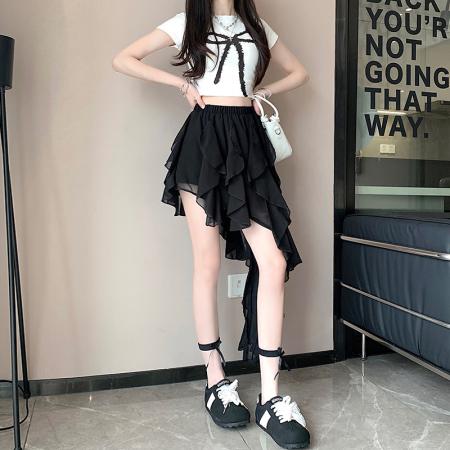 BY14554# 荷叶边不规则蓬蓬半身裙女夏季松紧高腰褶皱A字短裙潮 服裝批發女裝批發服飾貨源