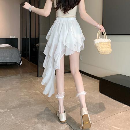 BY14554# 荷叶边不规则蓬蓬半身裙女夏季松紧高腰褶皱A字短裙潮 服裝批發女裝批發服飾貨源
