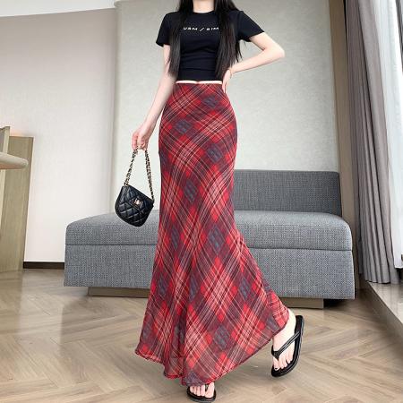 BY14555# 美式复古设计感红色格纹a字半身裙女辣妹高腰显瘦鱼尾摆长裙 服裝批發女裝批發服飾貨源
