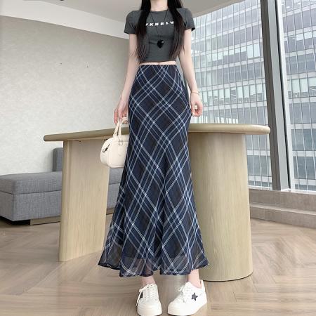 BY14555# 美式复古设计感红色格纹a字半身裙女辣妹高腰显瘦鱼尾摆长裙 服裝批發女裝批發服飾貨源