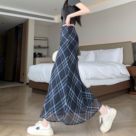 BY14555# 美式复古设计感红色格纹a字半身裙女辣妹高腰显瘦鱼尾摆长裙 服裝批發女裝批發服飾貨源