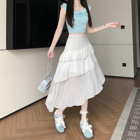 BY14556# 美式复古豹纹不规则半身裙女夏季新款千禧辣妹性感蛋糕中长裙 服裝批發女裝批發服飾貨源