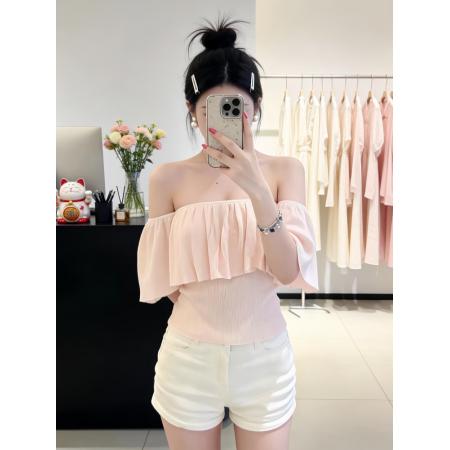 BY14557# 独特设计感漂亮套装夏季新款一字肩超好看针织上衣短裤两件套 服裝批發女裝批發服飾貨源