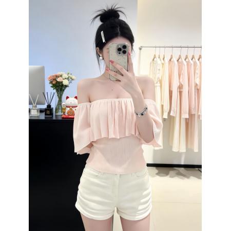 BY14557# 独特设计感漂亮套装夏季新款一字肩超好看针织上衣短裤两件套 服裝批發女裝批發服飾貨源