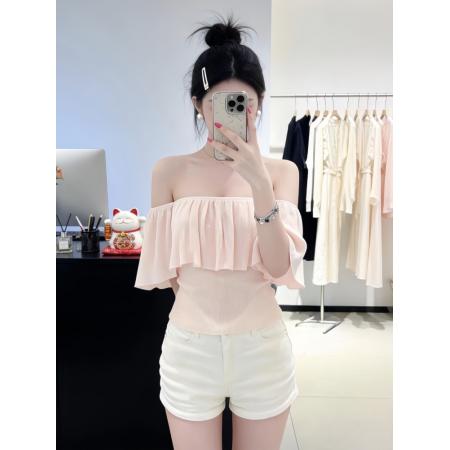 BY14557# 独特设计感漂亮套装夏季新款一字肩超好看针织上衣短裤两件套 服裝批發女裝批發服飾貨源