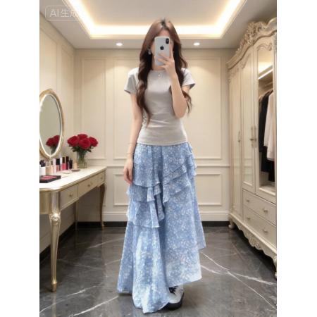 BY14558# 夏日穿搭一整套女巨好看的甜美减龄上衣不规则碎花裙子两件套 服裝批發女裝批發服飾貨源