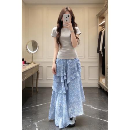 BY14558# 夏日穿搭一整套女巨好看的甜美减龄上衣不规则碎花裙子两件套 服裝批發女裝批發服飾貨源