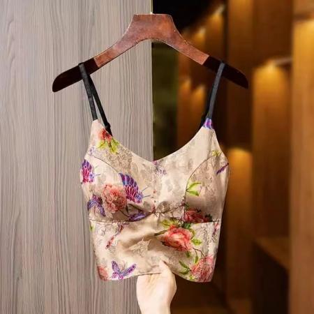 BY14559# 花色高级感真丝吊带背心新款女带胸垫内搭复古提花别致短上衣 服裝批發女裝批發服飾貨源