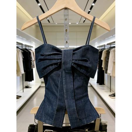 BY14561# 蓝色牛仔扭结吊带上衣女春季小众设计感独特漂亮名媛百搭衬衣 服裝批發女裝批發服飾貨源