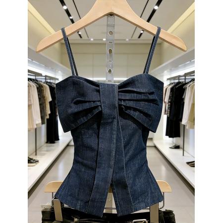 BY14561# 蓝色牛仔扭结吊带上衣女春季小众设计感独特漂亮名媛百搭衬衣 服裝批發女裝批發服飾貨源