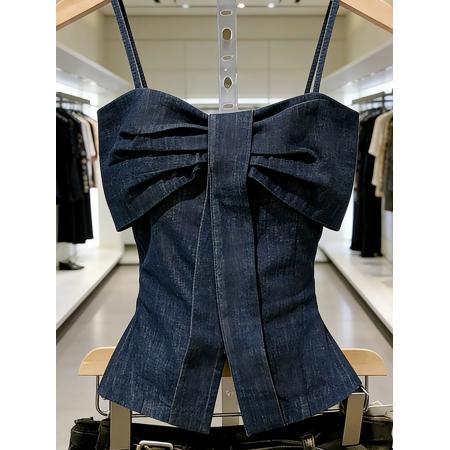 BY14561# 蓝色牛仔扭结吊带上衣女春季小众设计感独特漂亮名媛百搭衬衣 服裝批發女裝批發服飾貨源
