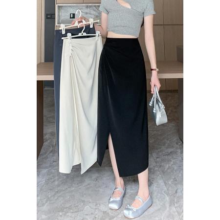 BY14565# 设计感开叉褶皱半身裙女春夏新款不规则中长款显瘦修身裙 服裝批發女裝批發服飾貨源