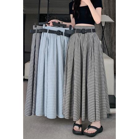 BY14566# 夏日系风格子半身裙女新款高腰显瘦A字大摆中长款格纹裙 服裝批發女裝批發服飾貨源
