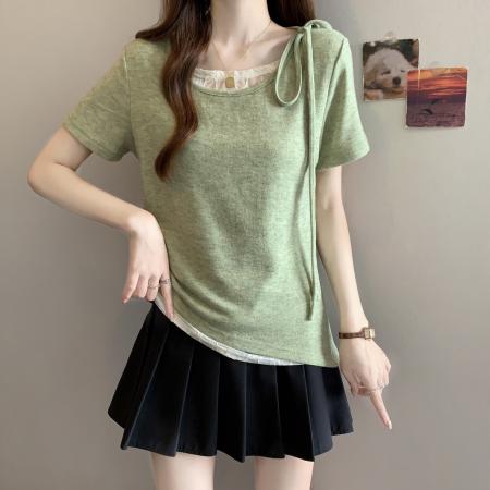 BY14570# 大码不规则短袖T恤女夏新款假两件拼接蕾丝收腰短款上 服裝批發女裝批發服飾貨源