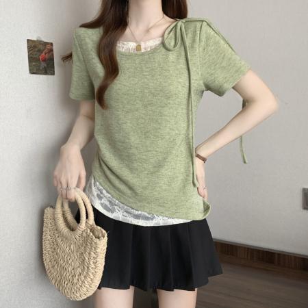 BY14570# 大码不规则短袖T恤女夏新款假两件拼接蕾丝收腰短款上 服裝批發女裝批發服飾貨源