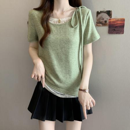 BY14570# 大码不规则短袖T恤女夏新款假两件拼接蕾丝收腰短款上 服裝批發女裝批發服飾貨源