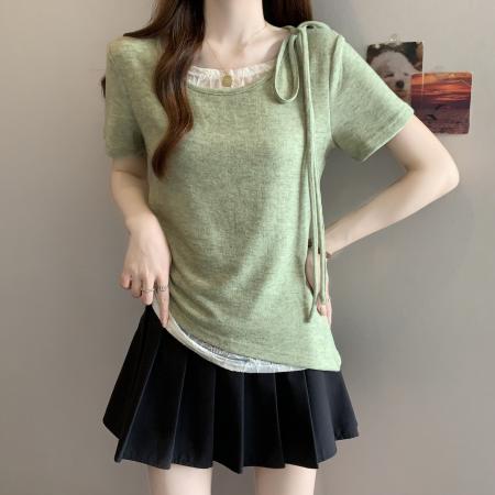 BY14570# 大码不规则短袖T恤女夏新款假两件拼接蕾丝收腰短款上 服裝批發女裝批發服飾貨源