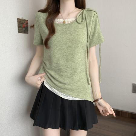 BY14570# 大码不规则短袖T恤女夏新款假两件拼接蕾丝收腰短款上 服裝批發女裝批發服飾貨源