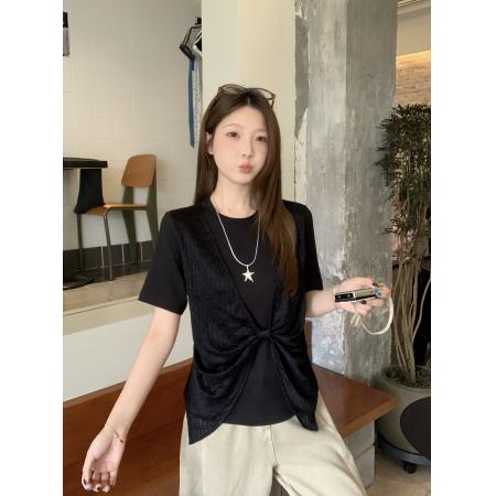 BY14571# 大码蝴蝶结T圆领T恤女夏新款显瘦正肩拼接假两件短袖 服裝批發女裝批發服飾貨源