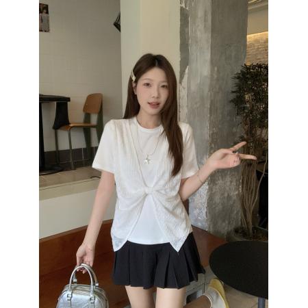 BY14571# 大码蝴蝶结T圆领T恤女夏新款显瘦正肩拼接假两件短袖 服裝批發女裝批發服飾貨源