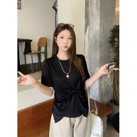 BY14571# 大码蝴蝶结T圆领T恤女夏新款显瘦正肩拼接假两件短袖 服裝批發女裝批發服飾貨源