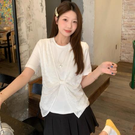 BY14571# 大码蝴蝶结T圆领T恤女夏新款显瘦正肩拼接假两件短袖 服裝批發女裝批發服飾貨源