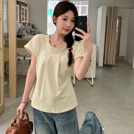 BY14572# 大码夏款韩版设计感压褶短袖T恤女减龄垂感上衣女 服裝批發女裝批發服飾貨源