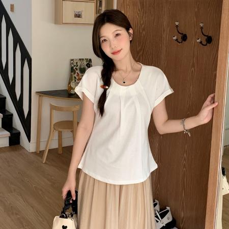 BY14572# 大码夏款韩版设计感压褶短袖T恤女减龄垂感上衣女 服裝批發女裝批發服飾貨源