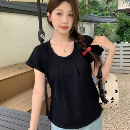 BY14572# 大码夏款韩版设计感压褶短袖T恤女减龄垂感上衣女 服裝批發女裝批發服飾貨源