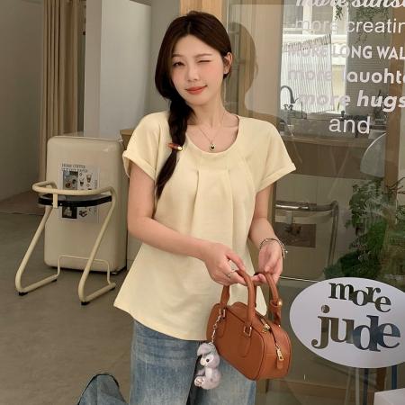 BY14572# 大码夏款韩版设计感压褶短袖T恤女减龄垂感上衣女 服裝批發女裝批發服飾貨源