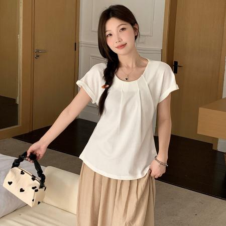 BY14572# 大码夏款韩版设计感压褶短袖T恤女减龄垂感上衣女 服裝批發女裝批發服飾貨源