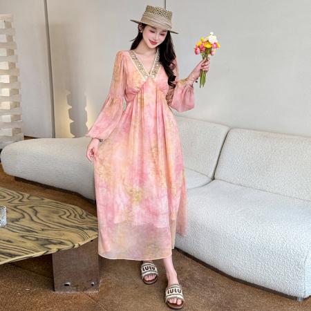 BY14575# 春夏度假风V领印花雪纺度假风长款显瘦连衣裙 服裝批發女裝批發服飾貨源