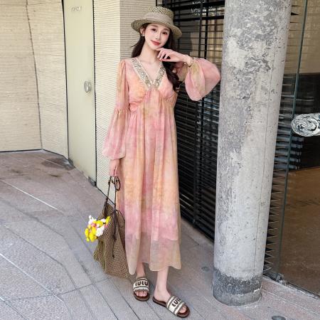 BY14575# 春夏度假风V领印花雪纺度假风长款显瘦连衣裙 服裝批發女裝批發服飾貨源