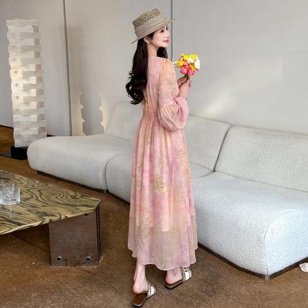 BY14575# 春夏度假风V领印花雪纺度假风长款显瘦连衣裙 服裝批發女裝批發服飾貨源