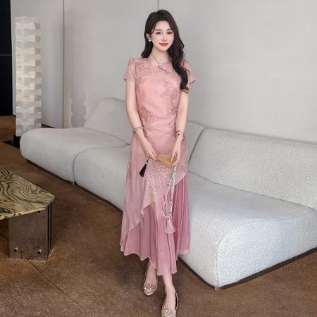 BY14579# 夏季新款改良旗袍甜美拼接粉色气质假两件连衣裙 服裝批發女裝批發服飾貨源