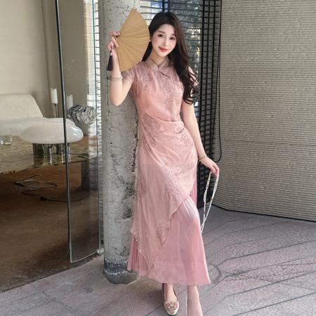 BY14579# 夏季新款改良旗袍甜美拼接粉色气质假两件连衣裙 服裝批發女裝批發服飾貨源