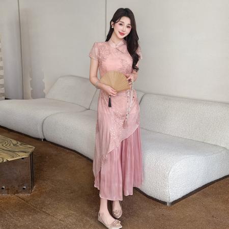 BY14579# 夏季新款改良旗袍甜美拼接粉色气质假两件连衣裙 服裝批發女裝批發服飾貨源