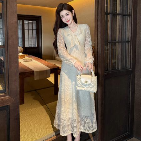 BY14583# 春夏法式蕾丝系带温柔风刺绣茶歇大摆连衣裙 服裝批發女裝批發服飾貨源