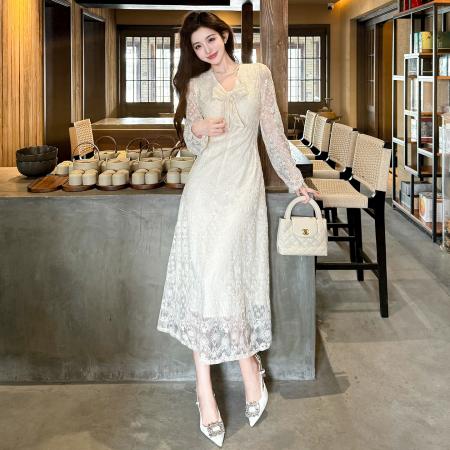 BY14583# 春夏法式蕾丝系带温柔风刺绣茶歇大摆连衣裙 服裝批發女裝批發服飾貨源