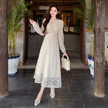 BY14583# 春夏法式蕾丝系带温柔风刺绣茶歇大摆连衣裙 服裝批發女裝批發服飾貨源