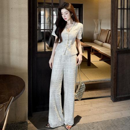 BY14585# 夏季蕾丝法式V领拼接上衣长款高级感两件套 服裝批發女裝批發服飾貨源