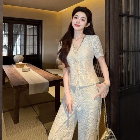 BY14585# 夏季蕾丝法式V领拼接上衣长款高级感两件套 服裝批發女裝批發服飾貨源