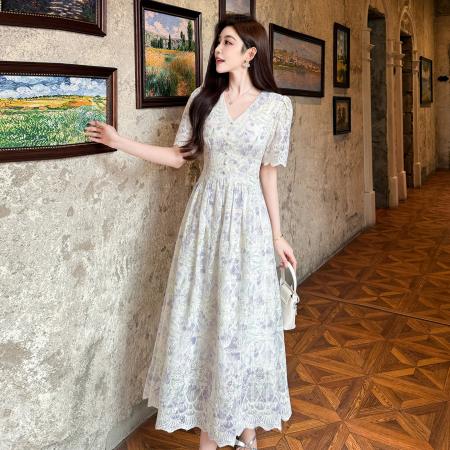 BY14586# 夏季刺绣印花雪纺法式复古气质显瘦大摆连衣裙 服裝批發女裝批發服飾貨源