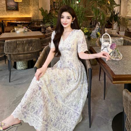 BY14586# 夏季刺绣印花雪纺法式复古气质显瘦大摆连衣裙 服裝批發女裝批發服飾貨源